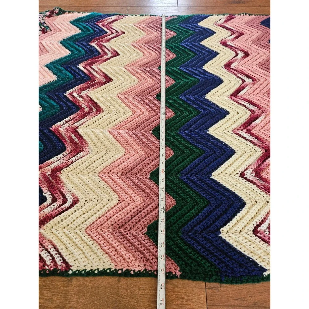 Handmade Crochet Afghan Blanket Chevron Ripple Pink Green Blue Cream 74x42 Throw - Picture 3 of 4
